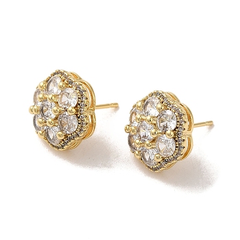Brass Micro Pave Cubic Zirconia Earrings for Women, Flower, Real 18K Gold Plated, 14.5x13.5mm