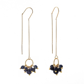 Brass Ear Threads, Stud Earring, with Round Natural Lapis Lazuli Beads, Golden, 69.5mm, Pin: 0.7mm