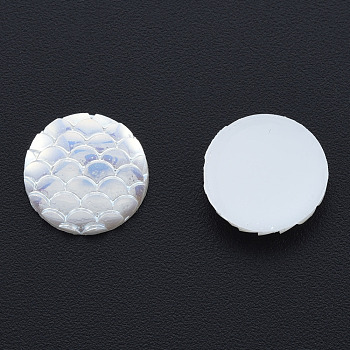 ABS Plastic Imitation Pearl Cabochons, AB Color Plated, Flat Round with Fish Scale Pattern, Creamy White, 11x3mm