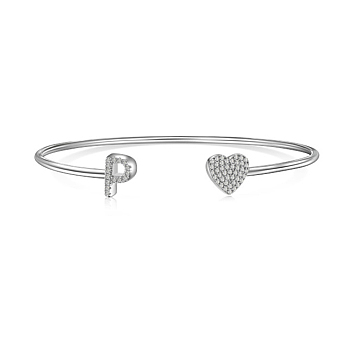 Heart & Letter Rhodium Plated 925 Sterling Silver Micro Pave Cubic Zirconia Cuff Bangles for Women, Letter P, 0.2~0.8cm, Inner Diameter: 1-7/8x2-1/4 inch(4.85x5.65cm) 