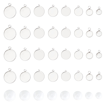 DIY Half Round Mixed Size Pendant Making Kits, Including 304 Stainless Steel Pendant Cabochon Settings and Transparent Glass Cabochons, Stainless Steel Color, Cabochon Setting: Tray: 6mm/8mm/12mm/14mm/16mm/18mm/20mm/30mm, 48pcs/box