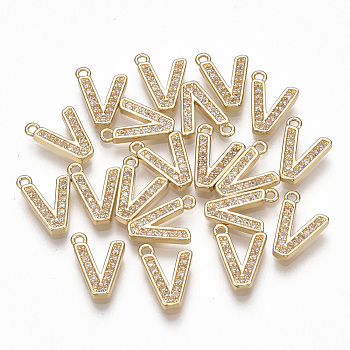 Brass Cubic Zirconia Charms, Letter, Clear, Real 18K Gold Plated, Letter.V, 11x8x1.5mm, Hole: 1mm