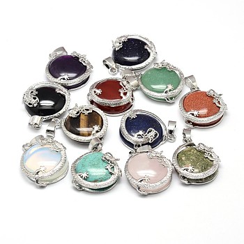 Flat Round with Dragon Platinum Plated Brass Natural & Synthetic Mixed Stone Pendants, Cadmium Free & Lead Free, Mixed Color, 26.5x24x9mm, Hole: 7x4mm