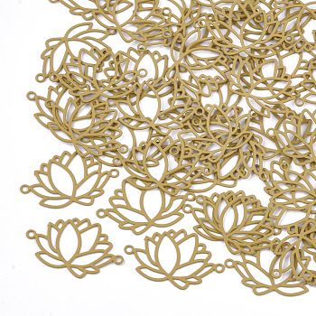 430 Stainless Steel Links connectors, Spray Painted, Etched Metal Embellishments, Lotus, Goldenrod, 14x22.5x0.5mm, Hole: 1.2mm
