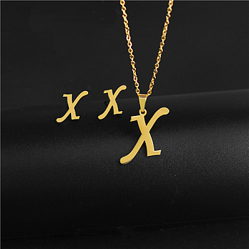 Golden Stainless Steel Initial Letter Jewelry Set, Stud Earrings & Pendant Necklaces, Letter X, No Size