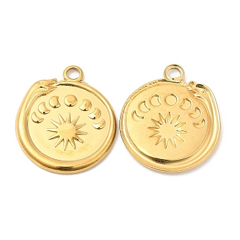 304 Stainless Steel Pendants, Flat Round with Snake & Moon Phases Charm, Real 18K Gold Plated, 23x20.5x2mm, Hole: 2mm
