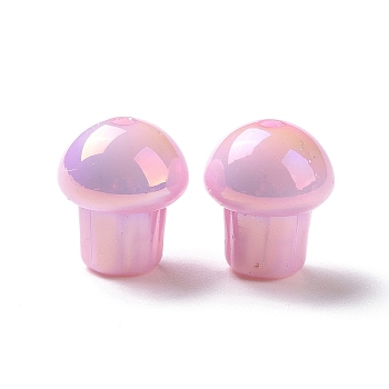 UV Plating Rainbow Iridescent Opaque Acrylic Beads, Mushroom, Pink, 14.5x12.5mm, Hole: 1.6mm