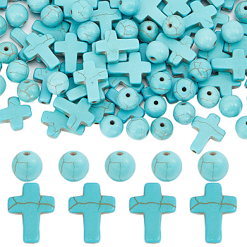 160Pcs 2 Styles Synthetic Turquoise Beads, Dyed, Cross & Round, Deep Sky Blue, 8~16x8~12x3.5~8mm, Hole: 1mm, 80pcs/style