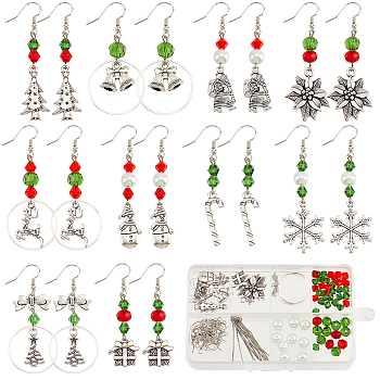 DIY Christmas Theme Earring Making Kit, Including Glass Pearl & Bicone Beads, Brass Earring Hooks, Reindeer & Bell & Snowflake & Candy Cane Alloy Links & Pendants, Mixed Color, 144Pcs/box