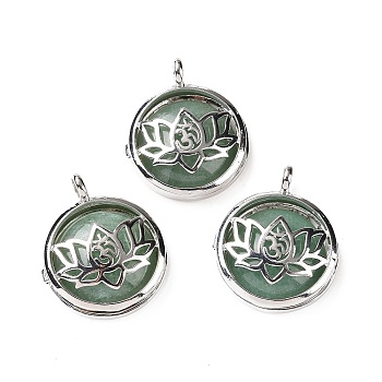 Natural Green Aventurine Locket Pendants, Flat Round Charms, with Platinum Plated Brass Lotus Findings, 31.5x27x9mm, Hole: 4.6mm