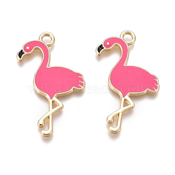 Alloy Enamel Pendants, Flamingo Shape, Golden, Hot Pink, 28.5x18x1mm, Hole: 2mm(X-ENAM-I044-10A)