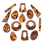 Walnut Wood & Transparent Resin Pendants, Mixed Shapes Charm, Orange, 35.5~57.5x7.5~38x3.5mm, Hole: 2mm, about 14pcs/set(WD-CBA583A-14)