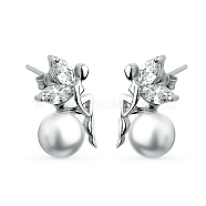 Rhodium Plated 925 Sterling Silver Fairy Stud Earring, with Cubic Zirconia and Pearl, Platinum, 17x13mm(XD2591)
