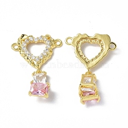 Brass Pave Clear & Pink Cubic Zirconia Connector Charms, Heart Links with Dangle Charm, Real 18K Gold Plated, 31mm, Heart: 17x20x4mm, Charm: 14.5x7.5x7mm, Hole: 1.6mm(KK-P223-40G)