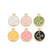 Brass Enamel Pendants, Nickel Free, Flat Round with Wild Goose, Mixed Color, Real 18K Gold Plated, 15x12x2mm, Hole: 1.6mm(KK-S356-670G-NF)