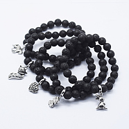 Natural Lava Rock Stretch Charm Bracelets, with Stainless Steel Pendant, Mixed Shapes, Antique Silver, 2 inch(50mm)(BJEW-E318-01)