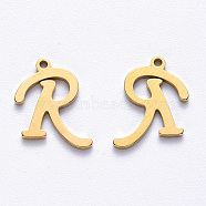 PVD Vacuum Plating 201 Stainless Steel Charms, Laser Cut, Real 18K Gold Plated, Letter.R, 13x12.5x1mm, Hole: 1mm(STAS-R105-R-G)