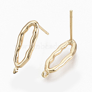 Brass Stud Earring Findings, with 925 Sterling Silver Pins and Loop, with S925 Stamp, Nickel Free, Real 18K Gold Plated, Oval, Hammered, 17.5x6mm, Hole: 1.2mm, Pin: 0.7mm(X-KK-S354-233-NF)