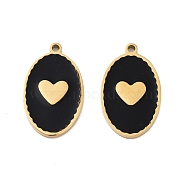 Ion Plating(IP) 316 Surgical Stainless Steel Pendants, Nickel Free, with Enamel, Oval with Heart Charm, Real 18K Gold Plated, Black, 18x11x1.5mm, Hole: 1.2mm(STAS-U014-52G-01)