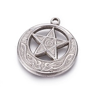 304 Stainless Steel Pendants, Wicca Pendants, Flat Round with Star, Stainless Steel Color, 29x26x2.5mm, Hole: 2.4mm(X-STAS-L226-048P)