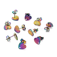 Ion Plating(IP) 304 Stainless Steel Stud Earring Findings, with Ear Nuts, Textured Heart, Rainbow Color, 12x9mm, Hole: 1.4mm, Pin: 0.7mm(STAS-I183-05A-M)