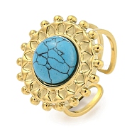 Ion Plating(IP) 304 Stainless Steel Synthetic Turquoise Cuff Rings, Flower Open Rings for Women, Flower, Real 18K Gold Plated, 20.5mm, Inner Diameter: Adjustable(G-Z056-08G-02)