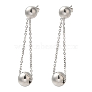 Non-Tarnish 304 Stainless Steel Stud Dangle Earrings, Round, Stainless Steel Color, 55x10mm(EJEW-Q386-01P)