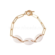 Natural Cowrie Shell Link Bracelet with Paperclip Chain for Women, Golden, Bisque, 7-5/8 inch(19.5cm)(BJEW-SW00025)