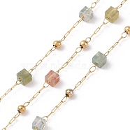 Natural Rose Quartz Square Beaded Chains, with Golden 304 Stainless Steel Findings, Unwelded, 2~3x2~2.5x2~2.5mm(AJEW-J035-02G-07)