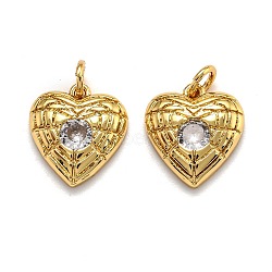 Brass Micro Pave Cubic Zirconia Pendants, Long-Lasting Plated, with Jump Rings, Heart, Golden, 13x12x3mm, Hole: 3mm(ZIRC-O039-09G)