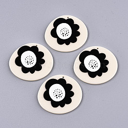 Acrylic Pendants, 3D Printed, Flat Round with Flower Pattern, Antique White, 38x41x2.5mm, Hole: 1.5mm(KY-S163-232)