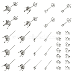 80Pcs 4 Style 304 Stainless Steel Stud Earring Settings, Prong Earring Settings, with 80Pcs Ear Nuts, Stainless Steel Color, 2~8mm, Pin: 0.8mm, Fit for 2~8mm Rhinestone(STAS-UN0050-39)