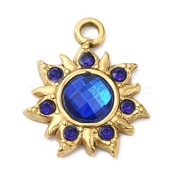 Real 18K Gold Plated 304 Stainless Steel Pendants, with Glass, Sun Charms, Blue, 24.5x20.5x5~6mm, Hole: 2.5mm(STAS-A084-22G-01)