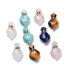 Natural Mixed Gemstone Perfume Bottle Pendants, with Brass Findings, Faceted, Rhombus, 27mm, Hole: 1.4mm(G-D058-11)