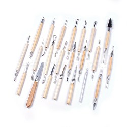 Pottery Sculpting Tool Set, Stainless Steel Wooden Handle Clay Carved Knives Tool Suit, 27x11.7x12cm, 22pcs/set(AJEW-L072-57)