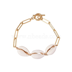 Natural Cowrie Shell Link Bracelet with Paperclip Chain for Women, Golden, Bisque, 7-5/8 inch(19.5cm)(BJEW-SW00025)