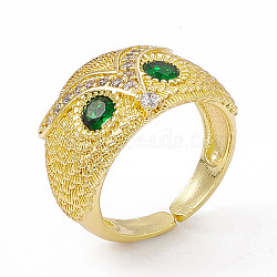 Cubic Zirconia Owl Open Cuff Rings, Golden Brass Jewelry for Women, Dark Green, US Size 6 1/2(16.9mm)(RJEW-P079-01G-03)