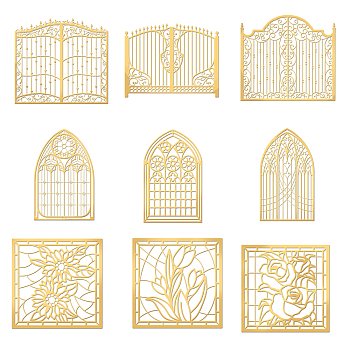 9Pcs 9 Styles Nickel Self-adhesive Picture Stickers, Golden, Window & Door, Mixed Patterns, 40x40mm, 1pc/style