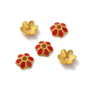 Alloy Enamel Beads Caps, Lead Free & Cadmium Free, Multi-Petal Flower, Red, 8x2.6mm, Hole: 1.5mm
