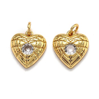 Brass Micro Pave Cubic Zirconia Pendants, Long-Lasting Plated, with Jump Rings, Heart, Golden, 13x12x3mm, Hole: 3mm