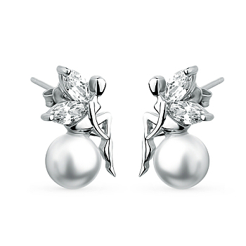 Rhodium Plated 925 Sterling Silver Fairy Stud Earring, with Cubic Zirconia and Pearl, Platinum, 17x13mm