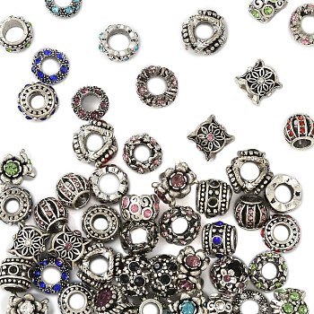 50Pcs 10 Styles Antique Silver Plated Metal Alloy Rhinestone European Beads, Large Hole Beads, Mixed Shapes, 9~12x6~10mm, Hole: 4.5~6mm, 5pcs/style 