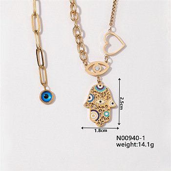 Hip-hop Trendy Brass Enamel Chain Colorful Evil Eye Hamsa Hand Pendant Necklaces for Women, Golden