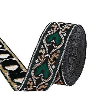 Ethnic style Embroidery Polyester Ribbons, Jacquard Ribbon, Garment Accessories, Floral Pattern, Green, 1-1/4 inch(33mm), about 7.66 Yards(7m)/Roll