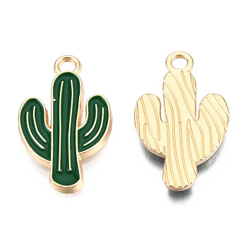 Light Gold Plated Alloy Pendants, with Enamel, Cactus, Green, 21x12.5x1.5mm, Hole: 1.8mm