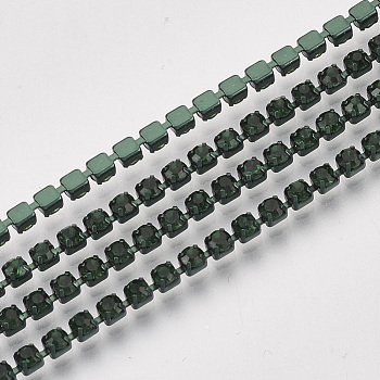 Electrophoresis Iron Rhinestone Strass Chains, Rhinestone Cup Chains, with Spool, Emerald, SS8.5, 2.4~2.5mm, about 10yards/roll