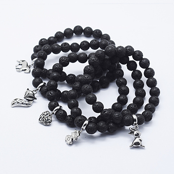 Natural Lava Rock Stretch Charm Bracelets, with Stainless Steel Pendant, Mixed Shapes, Antique Silver, 2 inch(50mm)