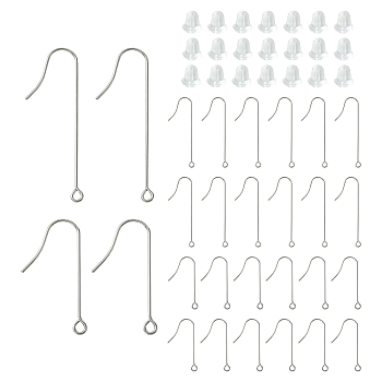 100Pcs 3 Styles 316 Surgical Stainless Steel Earring Hooks, with Horizontal Loops with Plastic Ear Nuts, Stainless Steel Color, 28~40mm, Hole: 1.8mm, Pin: 0.7mm