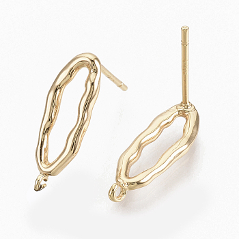 Brass Stud Earring Findings, with 925 Sterling Silver Pins and Loop, with S925 Stamp, Nickel Free, Real 18K Gold Plated, Oval, Hammered, 17.5x6mm, Hole: 1.2mm, Pin: 0.7mm