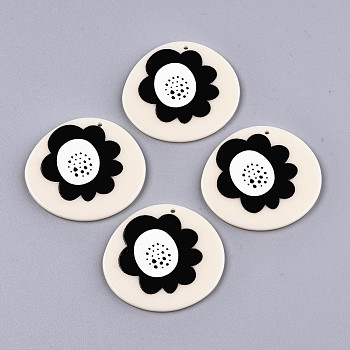 Acrylic Pendants, 3D Printed, Flat Round with Flower Pattern, Antique White, 38x41x2.5mm, Hole: 1.5mm